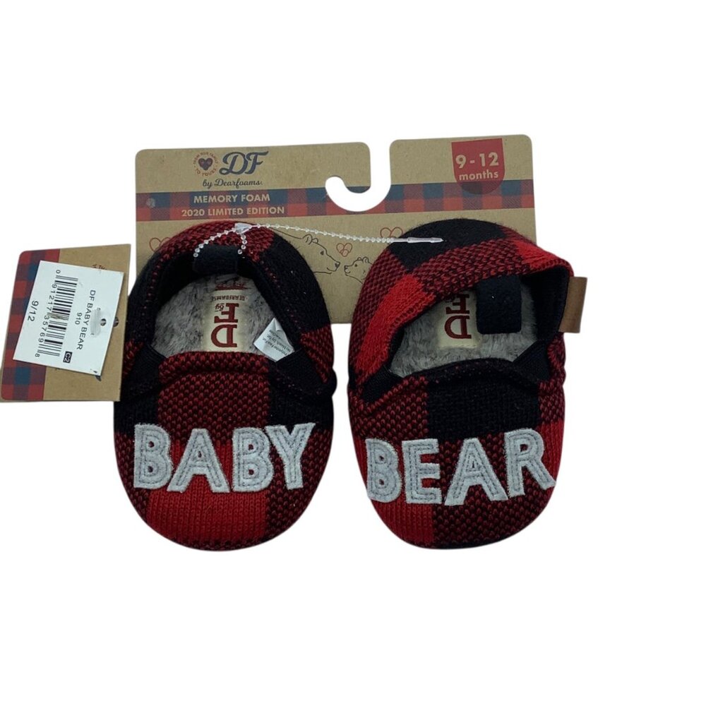 Dearfoams Baby Bear Slippers 9-12‎ Months Memory Foam Red & Black NEW Holiday